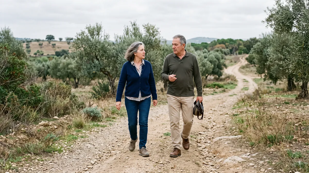 Pareja de mediana edad paseando por un parque