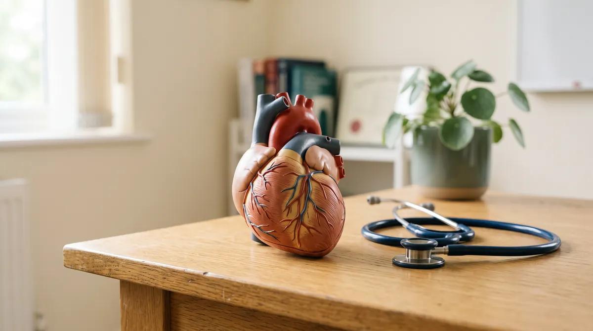 Modelo anatómico de un corazón junto a un fonendoscopio en una consulta de cardiología